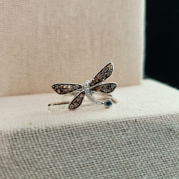 Diamond and Blue Topaz Sterling Silver Dragonfly Ring Size 7 - Picture 8 of 15